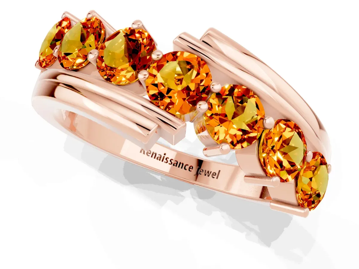 Round Citrine Wave Band with Channel and Shared Prong Setting Rose gold