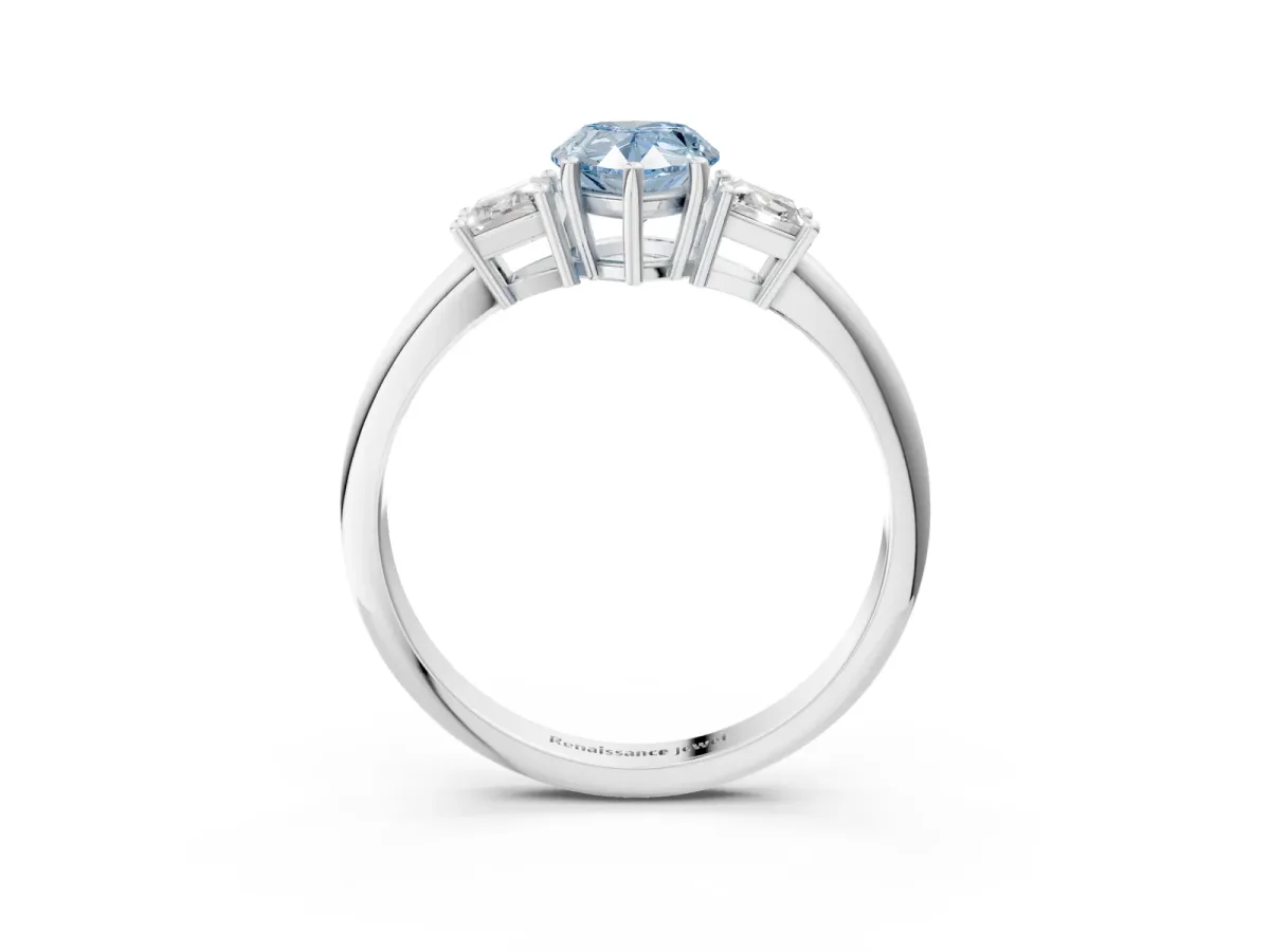 Fancy Blue Pear Cut Diamond Three-Stone Ring with Trapezoid Side Stones and Prong Setting Platinum
