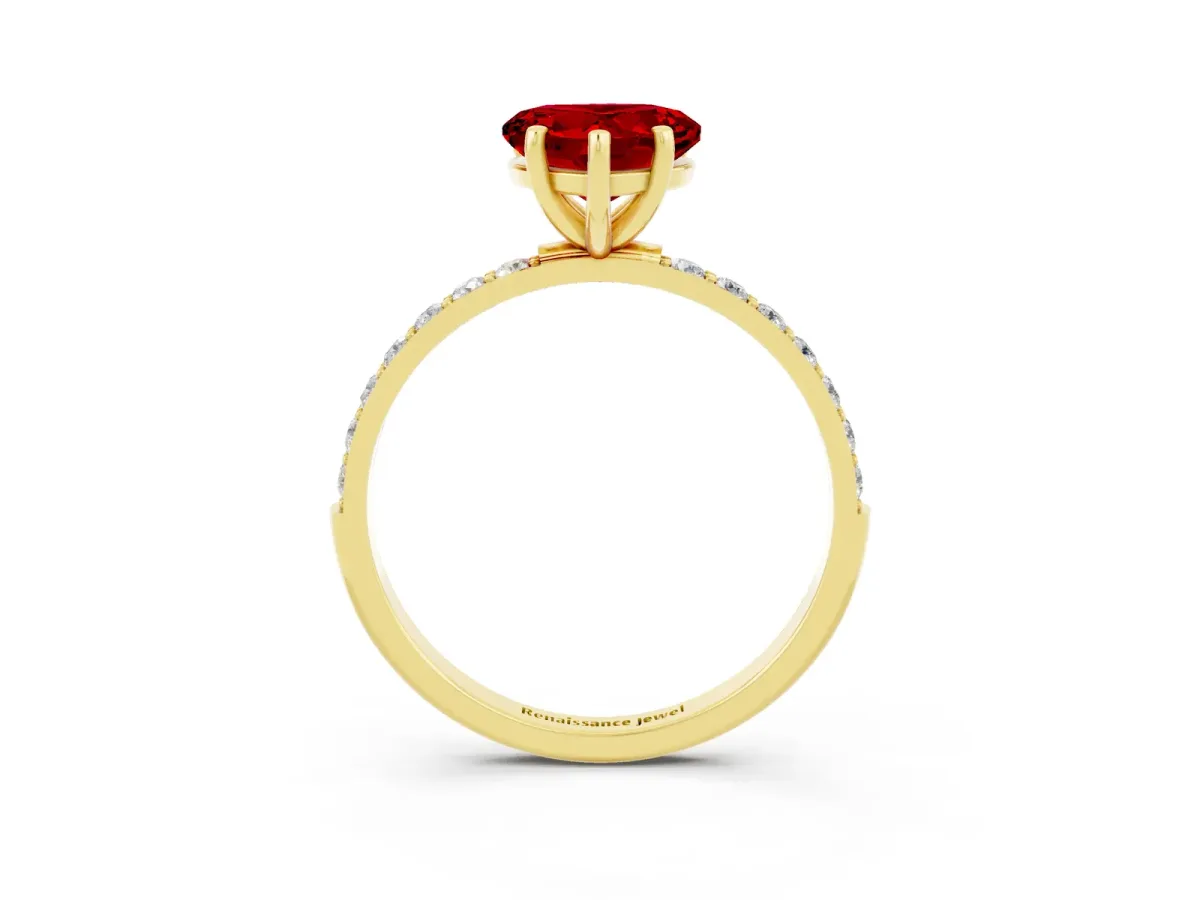Heart Cut Ruby Solitaire Ring with Round Pavé Band and Prong Setting Yellow gold