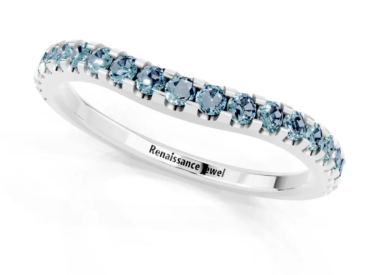 Round Aquamarine Pavé Curved Wedding Band Platinum