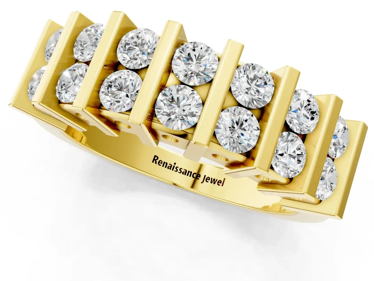 Channel Set Round Diamond Step Band with Bar Prong Setting Yellow gold