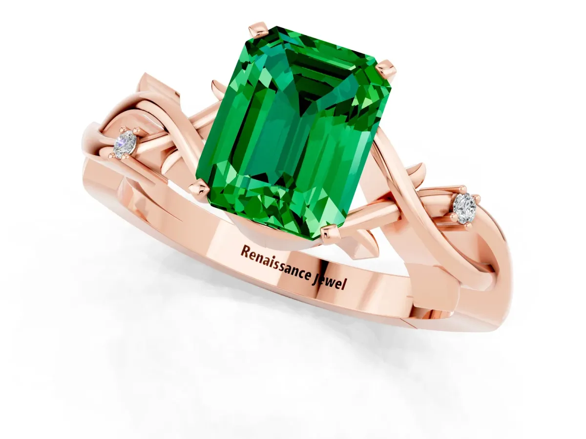 Emerald Cut Emerald Solitaire Ring with Twisted Band and Prong Setting Rose gold