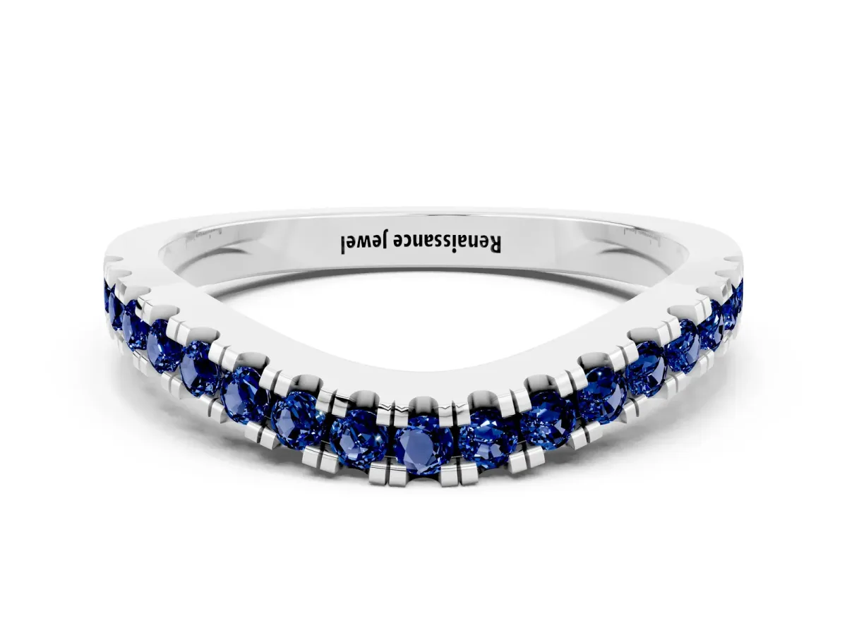 Round Blue Sapphire Pavé Curved Band with Shared Prong Setting Silver