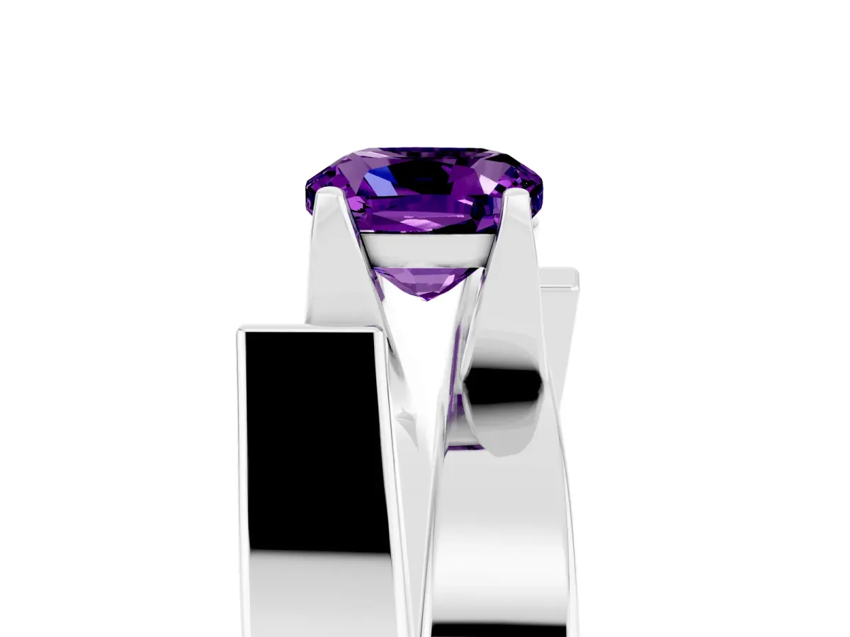 Modern Tension Set Cushion Cut Amethyst Solitaire Wide Band Ring Silver
