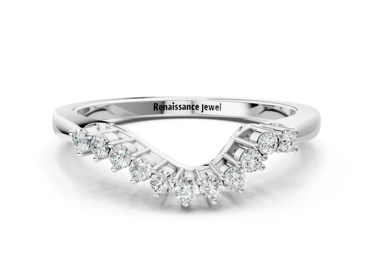 Round Diamond V-Shaped White Gold Band with Prong Setting Platinum