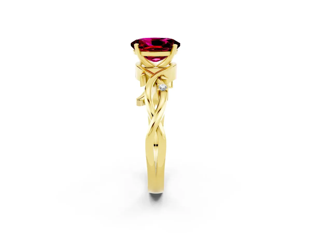 Oval Cut Garnet Solitaire Ring with Twisted Band and Prong Setting Yellow gold