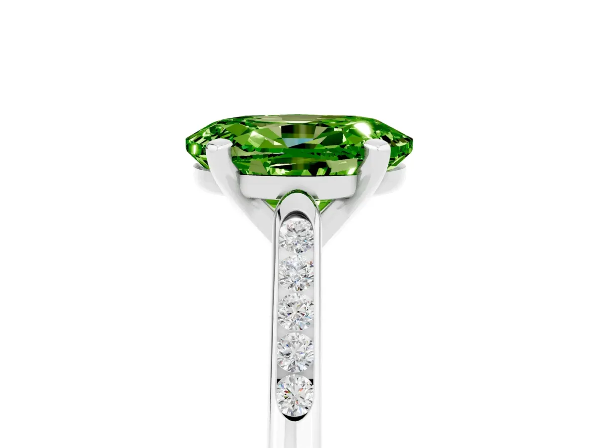 Oval Cut Peridot Solitaire Ring with Channel Set Round Band and Prong Setting Silver