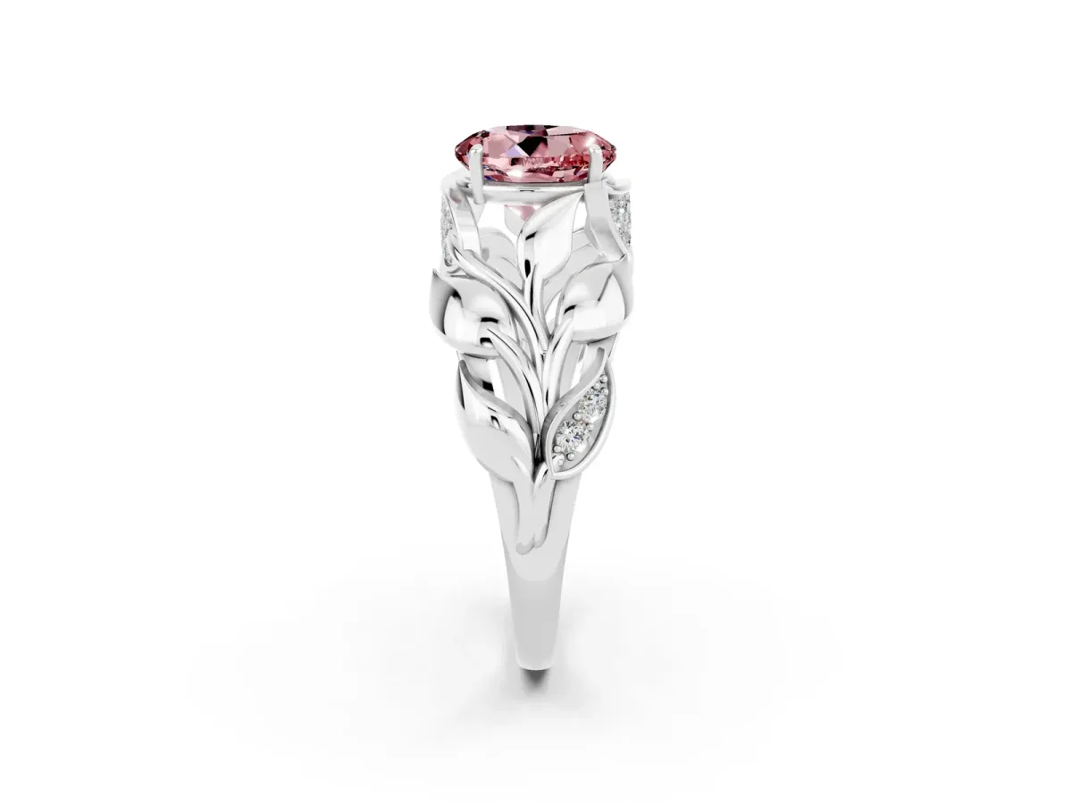 Round Cut Morganite Leaf-Inspired Engagement Ring with Round Accents and Prong Setting Silver
