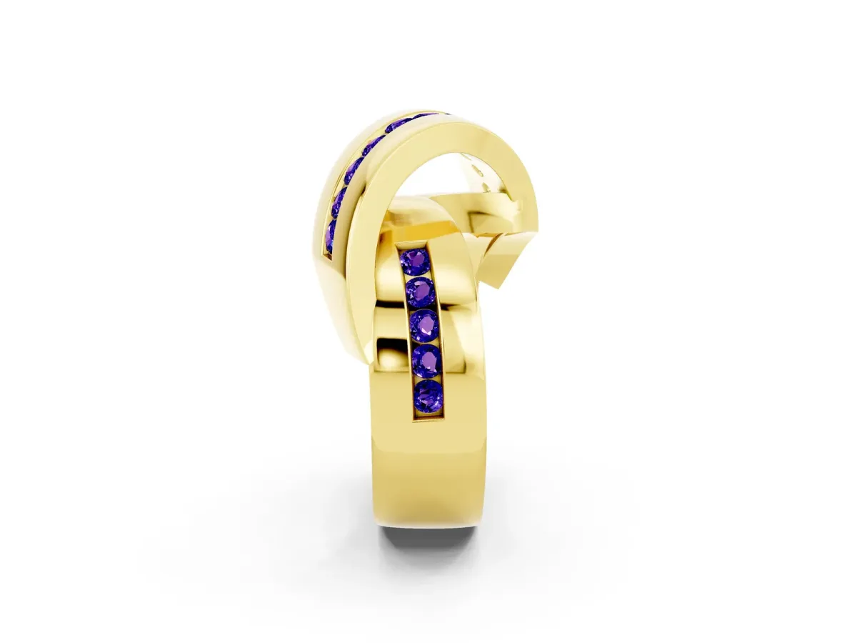 Pavé Round Tanzanite Crossover Band with Channel Setting Yellow gold