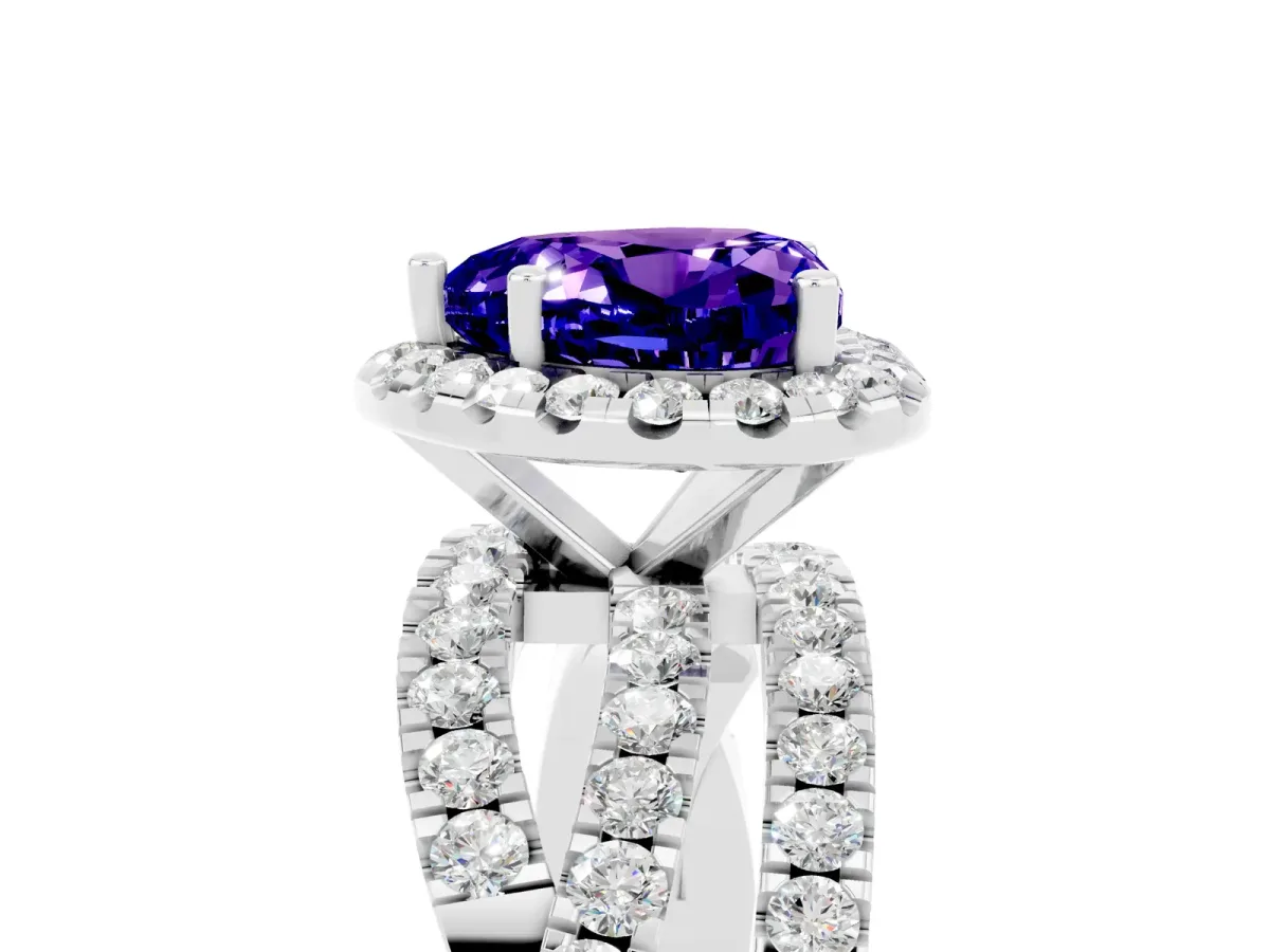 Heart Cut Tanzanite Halo Ring with Round Split Shank and Prong Setting Platinum