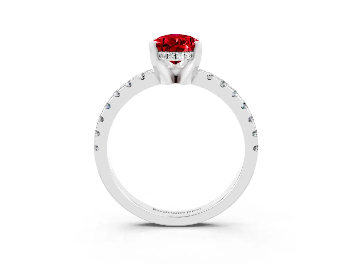 Pear Cut Ruby Solitaire Ring with Round Pavé Band and Four-Prong Setting Silver