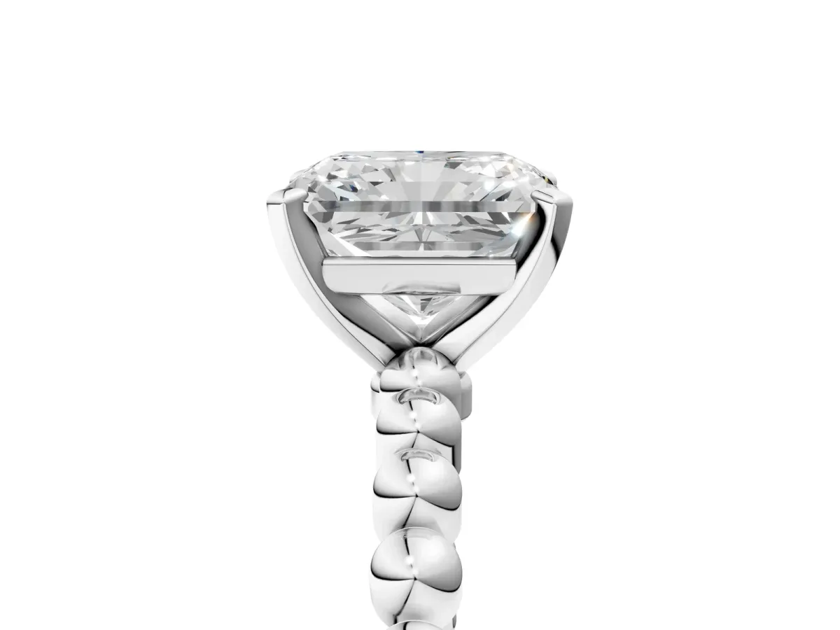 Radiant Cut Diamond Solitaire Ring with Beaded Band and Prong Setting Platinum