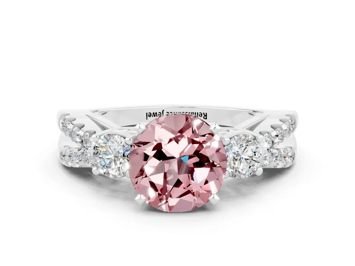 Round Cut Morganite Three-Stone Ring with Pavé Split Shank and Four-Prong Setting Silver