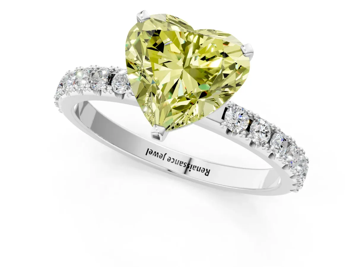 Fancy Yellow Heart Cut Diamond Solitaire Pavé Band with Four-Prong Setting Silver