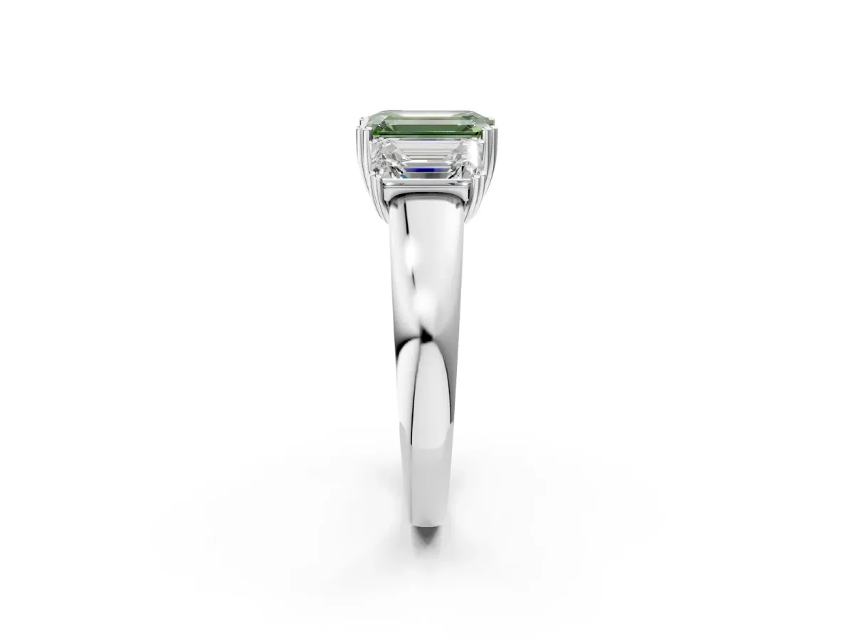 Fancy Green Three-Stone Emerald Cut Cut Diamond Ring with Channel Set Band and Four-Prong Setting Silver