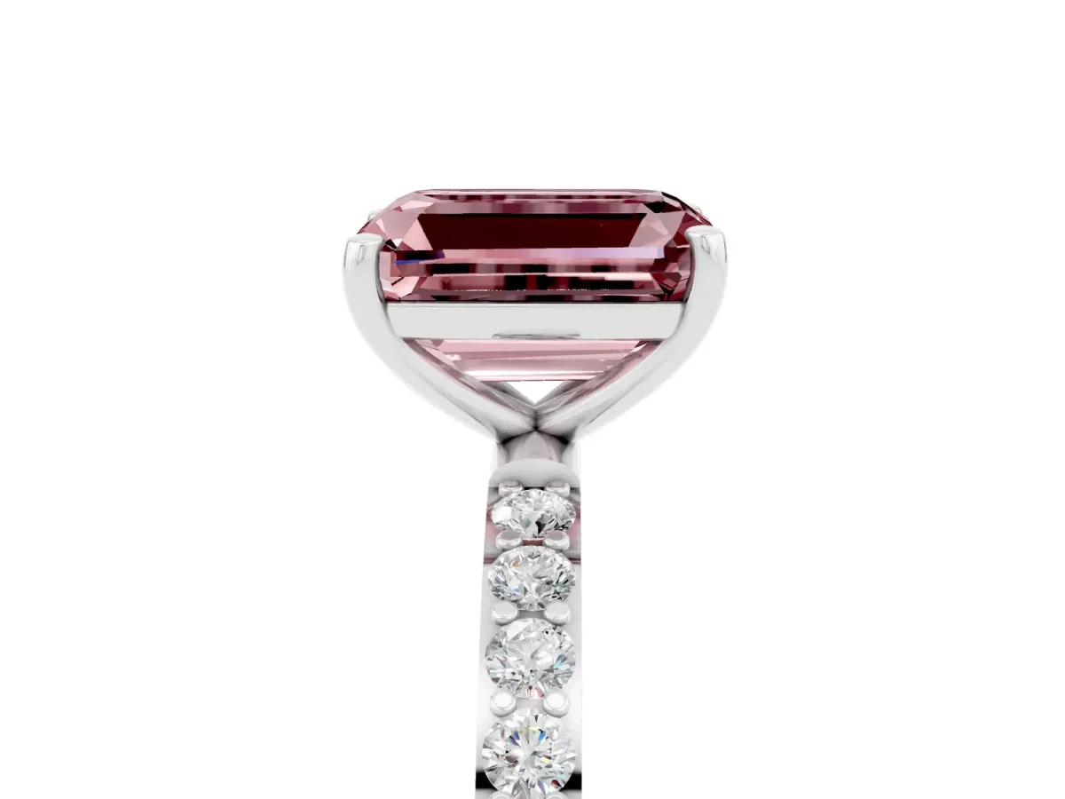 Emerald Cut Morganite Solitaire Ring with Round Pavé Band and Prong Setting Silver