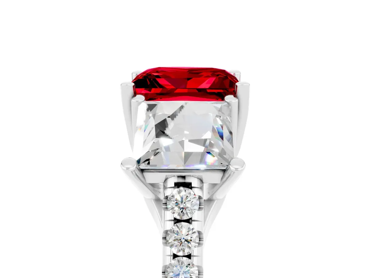 Three-Stone Princess Cut Ruby Ring with Round Pavé Band and Prong Setting Platinum