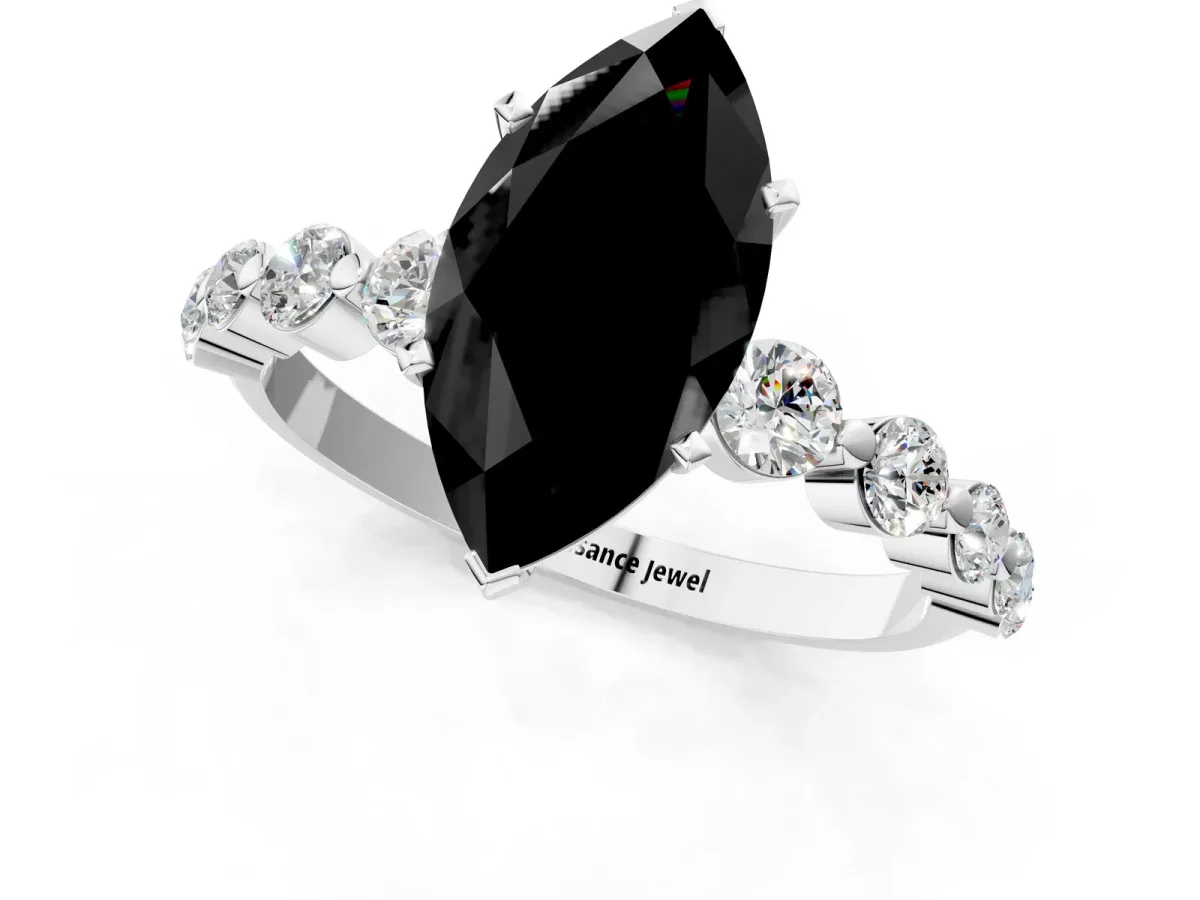 Fancy Black Marquise Cut Solitaire Diamond Ring with Pave Band and Four-Prong Setting Silver