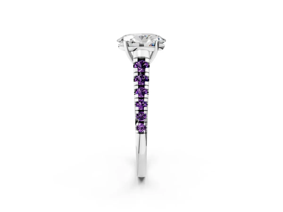 Oval Cut Diamond Cathedral Solitaire Ring with Round Amethyst Pavé Band Platinum