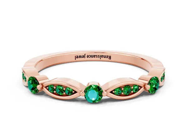 Marquise and Round Emerald Milgrain Band with Bezel Setting Rose gold