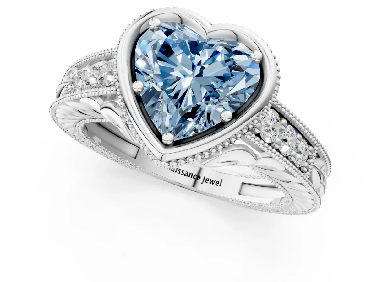 Fancy Blue Bezel Set Heart Cut Diamond Milgrain Pave Engagement Ring Platinum