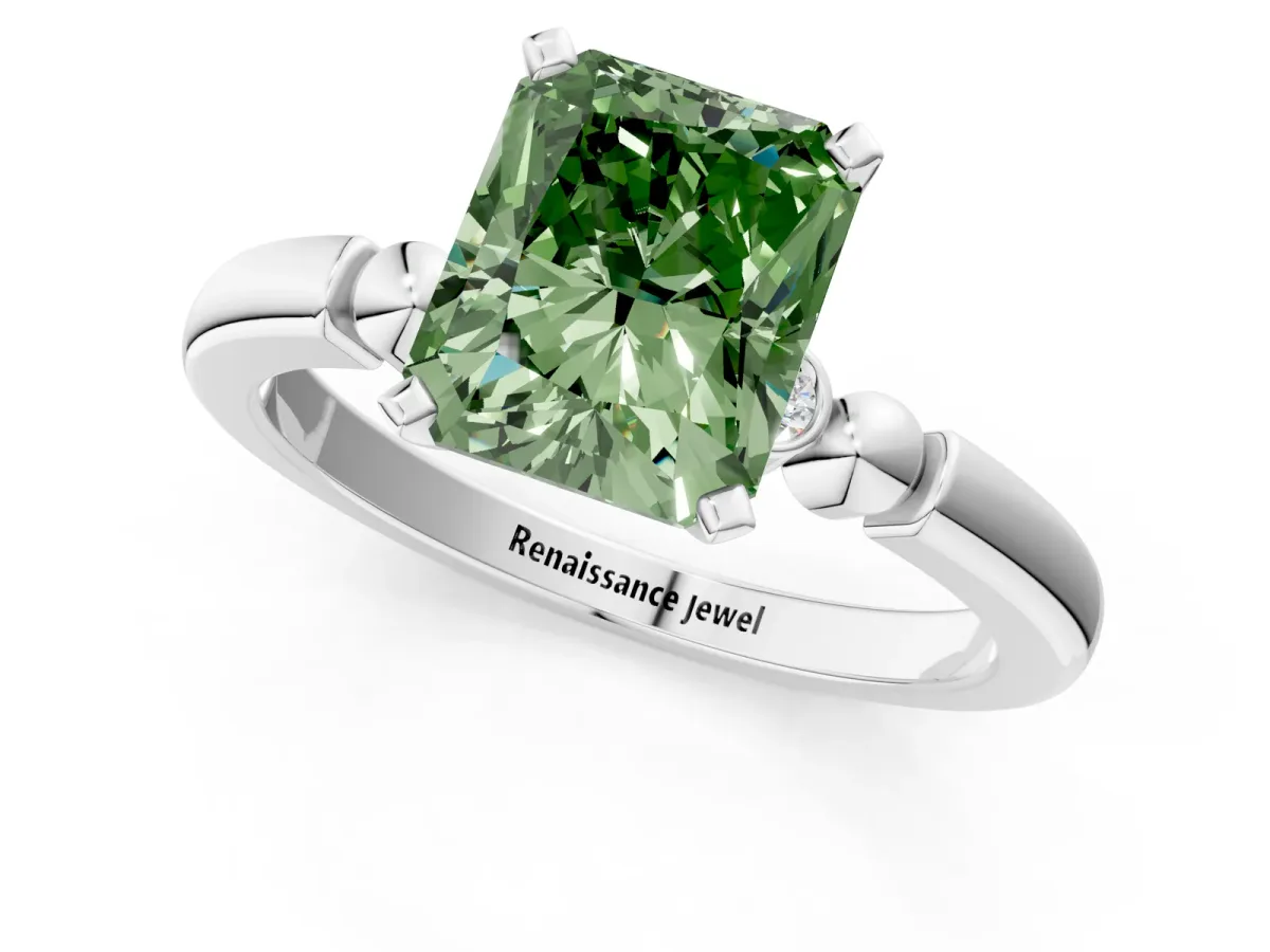 Fancy Green Radiant Cut Solitaire Beaded Band with Four-Prong Setting Platinum