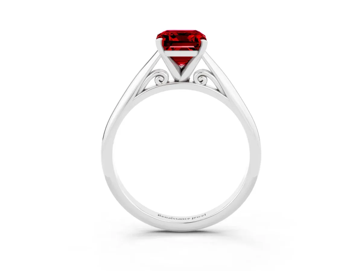 Emerald Cut Ruby Solitaire Engagement Ring with Cathedral Setting and Four-Prong Mount White gold