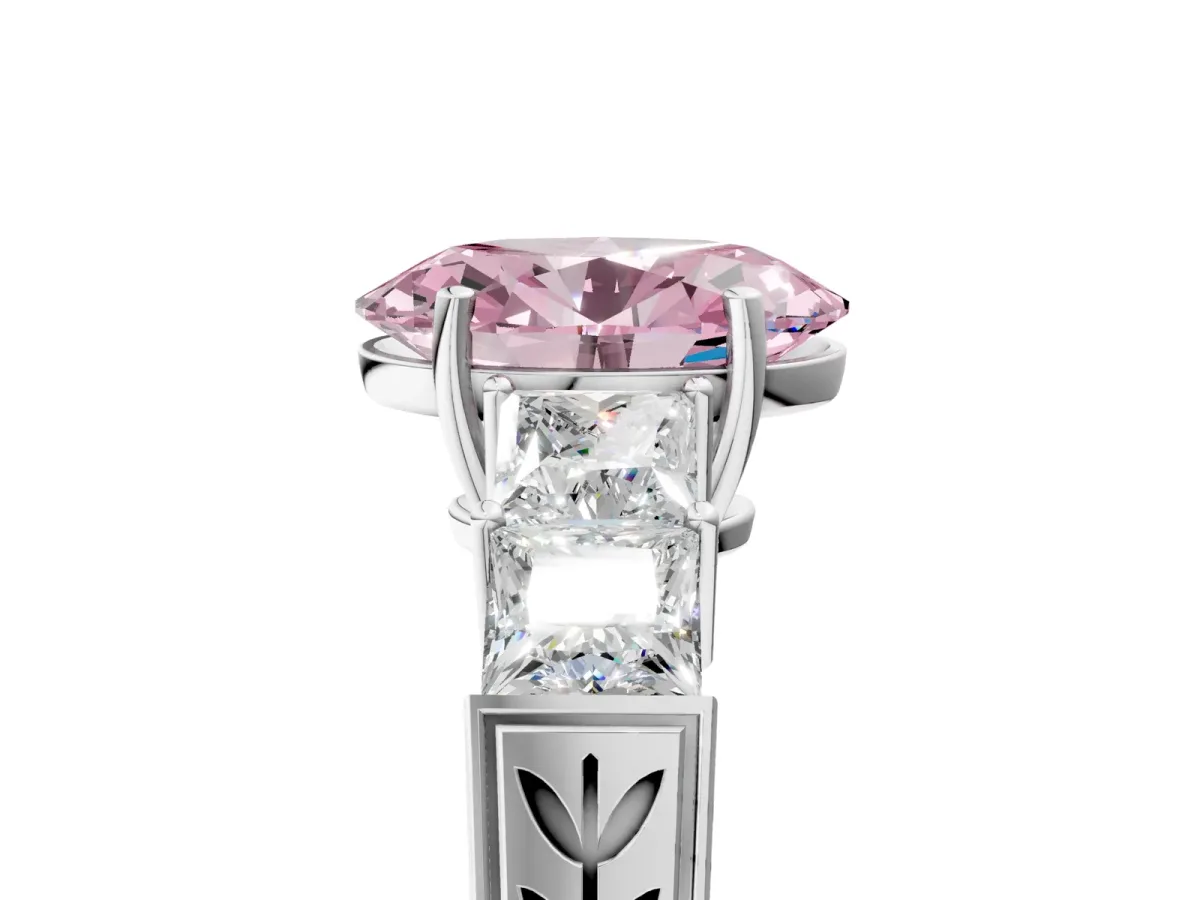 Fancy Pink Oval Cut Solitaire Princess Side Stone Engraved Band Prong Setting Ring Platinum
