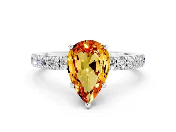 Pear Cut Citrine Pave Band Solitaire Ring with Round and Prong Setting White gold