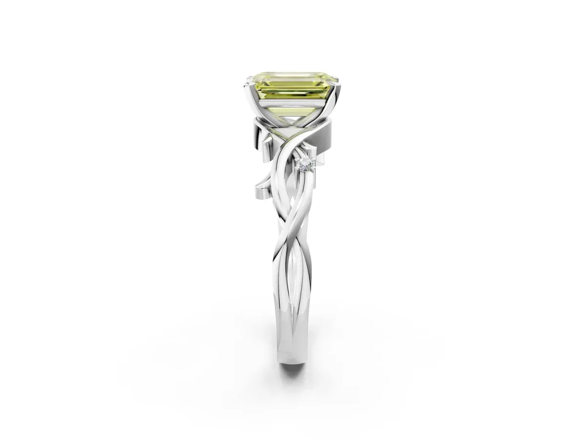 Fancy Yellow Emerald Cut Diamond Solitaire Ring with Twisted Band and Prong Setting White gold