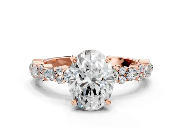Oval Cut Diamond Side Stone Solitaire Ring with Round and Four-Prong Setting Rose gold