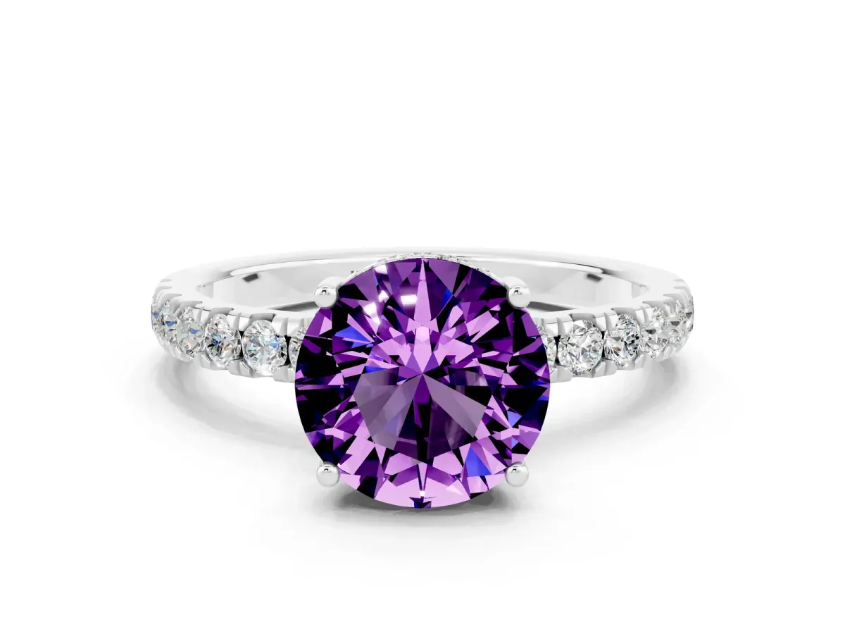 Round Cut Amethyst Pave Band Solitaire Ring with Round and Prong Setting Platinum