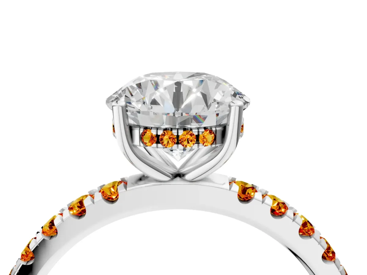 Round Cut Diamond Pave Band Solitaire Ring with Round Citrine and Prong Setting Platinum
