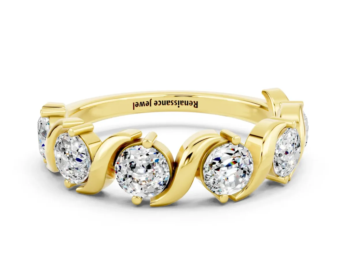 Six-Stone Round Moissanite Wave Band with Shared Prong Setting Yellow gold