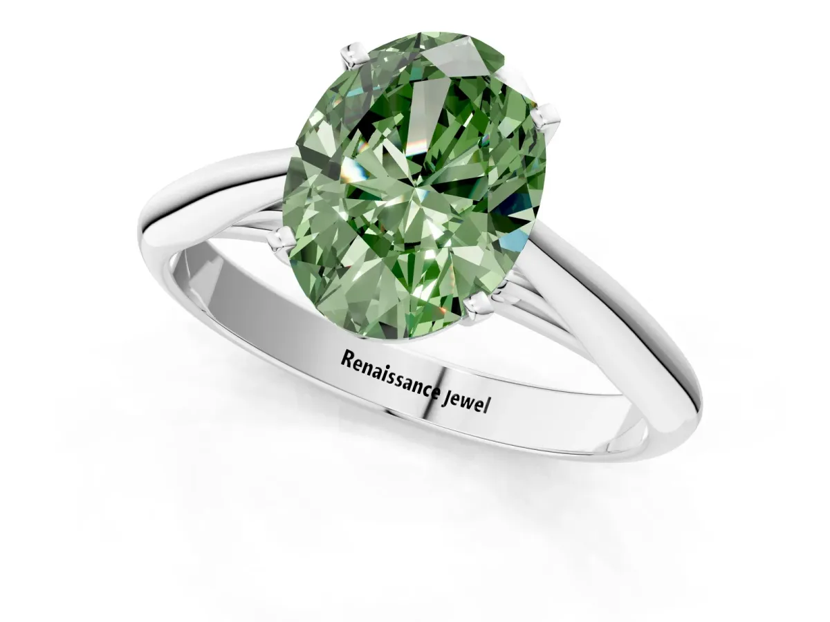 Fancy Green Oval Cut Diamond Solitaire Engagement Ring with Cathedral Setting and Four-Prong Mount Silver