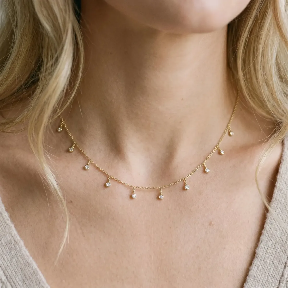 Round Bezel Set Diamond Station Necklace with Cable Chain Yellow gold