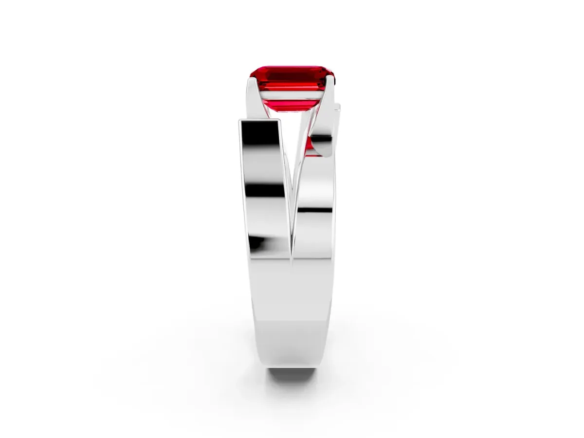 Modern Tension Set Emerald Cut Ruby Solitaire Wide Band Ring Silver