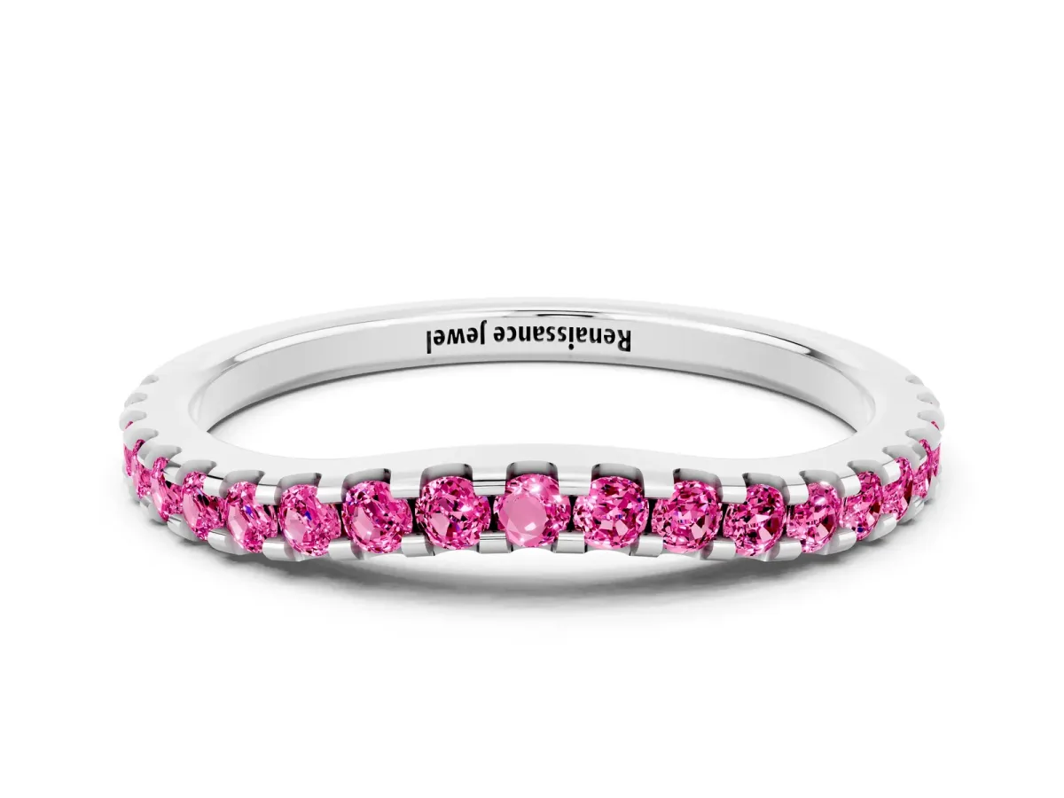 Round Pink Sapphire Pavé Curved Wedding Band Silver