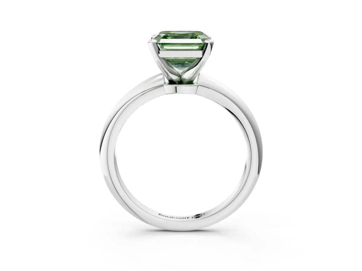 Fancy Green Asscher Cut Diamond Solitaire Ring with Six-Prong Setting and Classic Band Silver