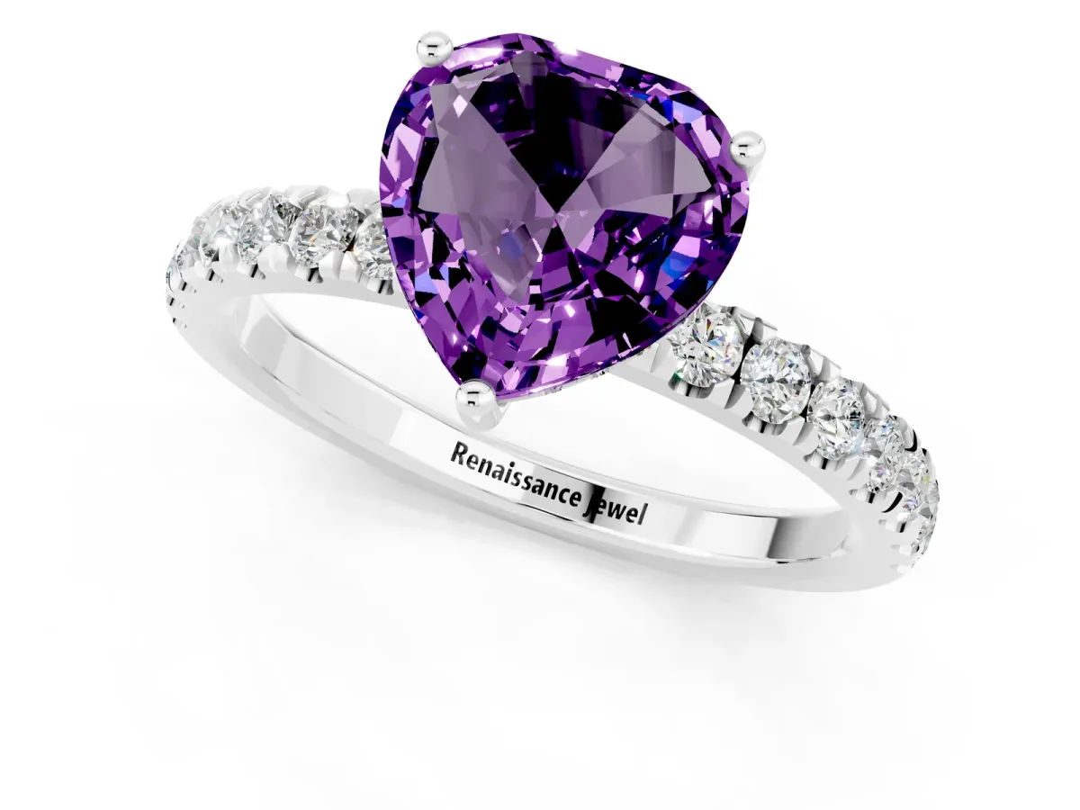 Heart Cut Amethyst Pave Band Solitaire Ring with Round and Prong Setting Platinum