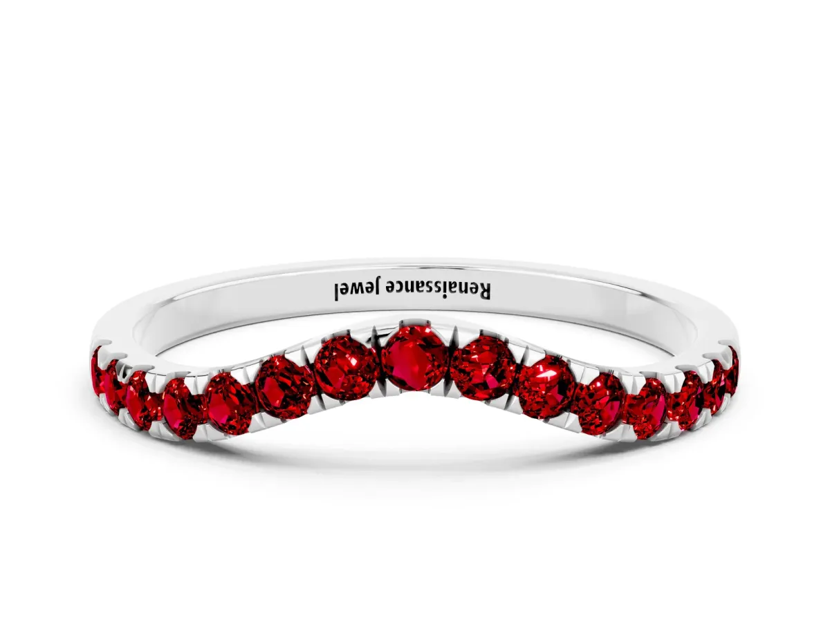 Curved Pavé Round Ruby Wedding Band with Shared Prong Setting Platinum