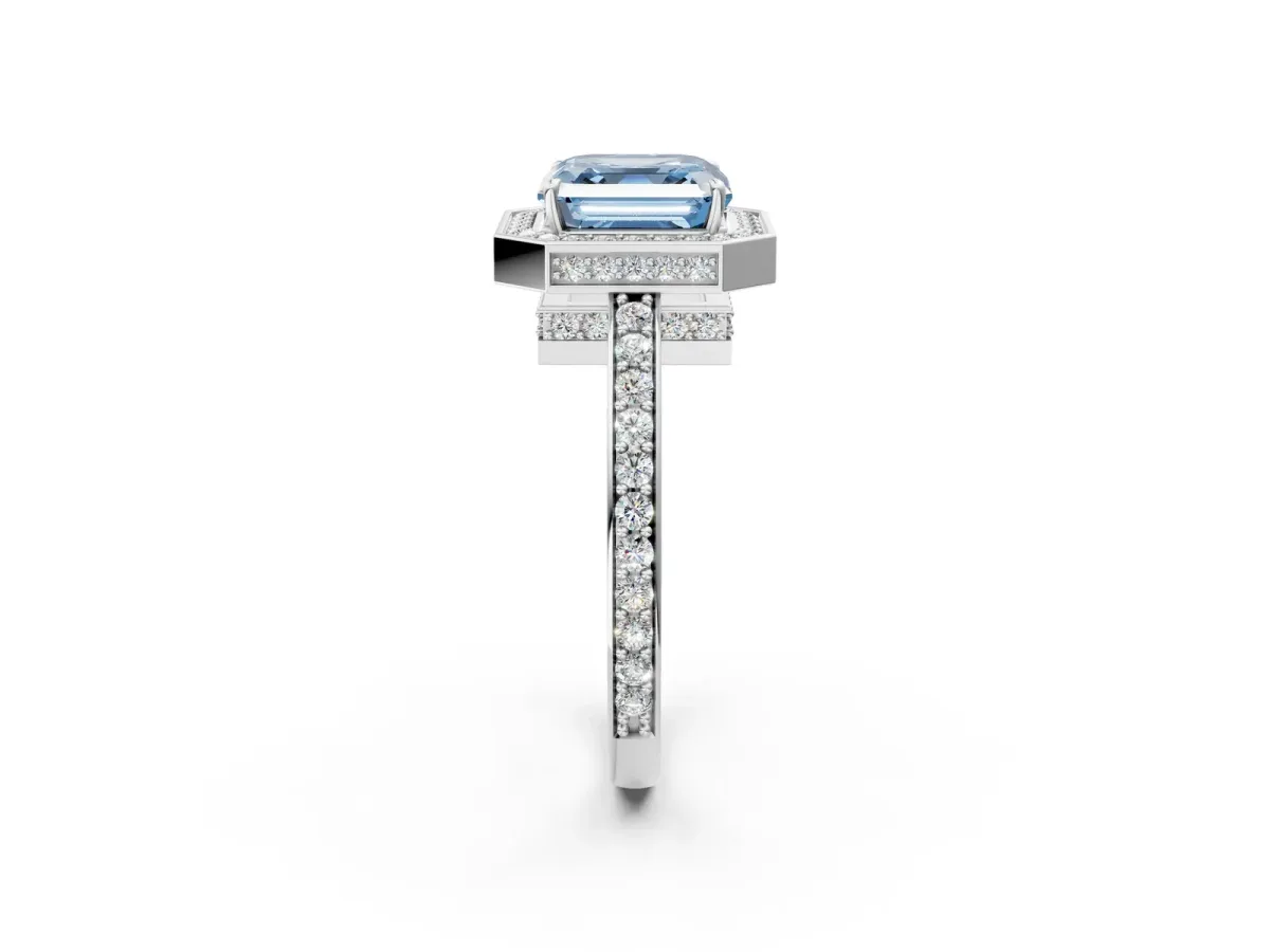Fancy Blue Asscher Cut Halo Pave Band Solitaire Ring with Prong Setting Platinum