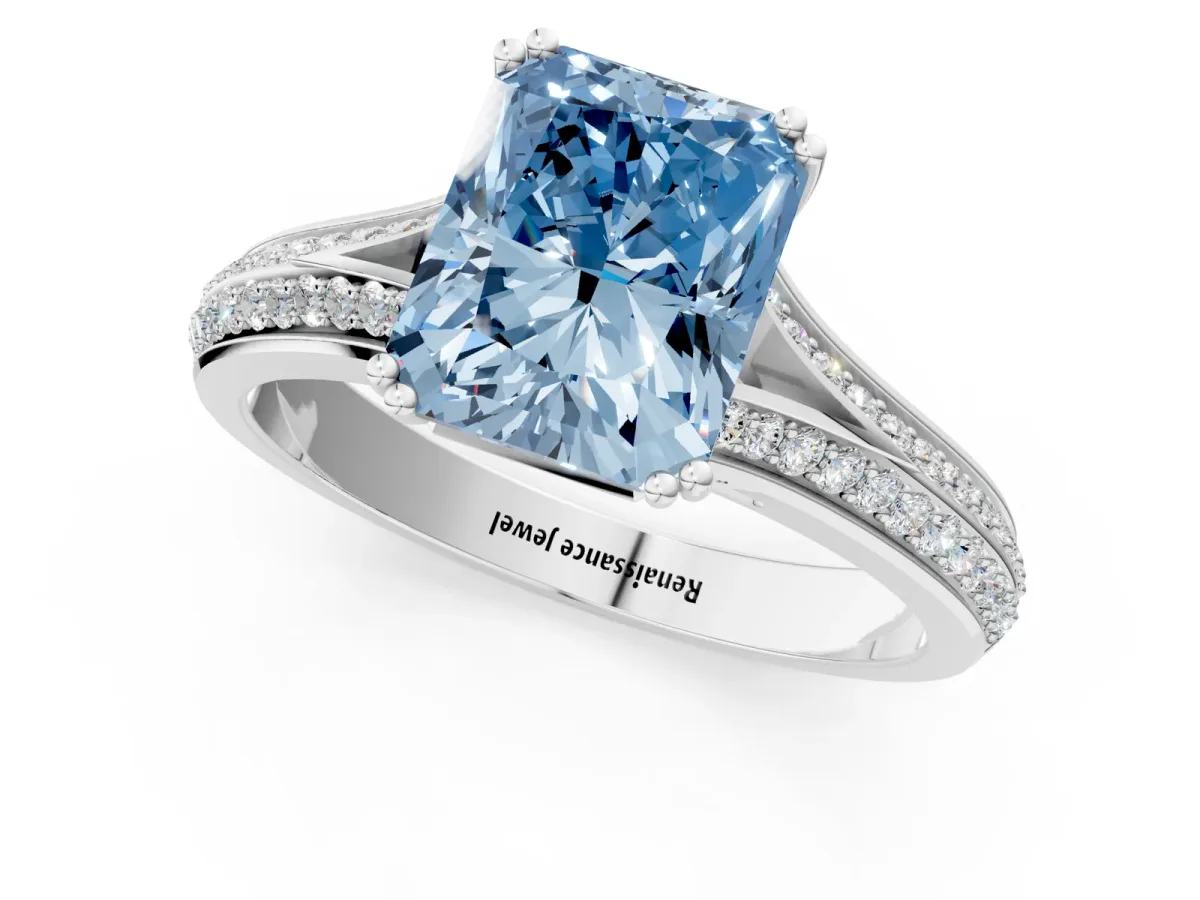Fancy Blue Radiant Cut Diamond Split Shank Engagement Ring with Pavé Band Platinum