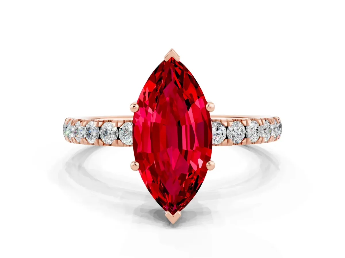 Marquise Cut Ruby Pave Band Solitaire Ring with Round and Prong Setting Rose gold