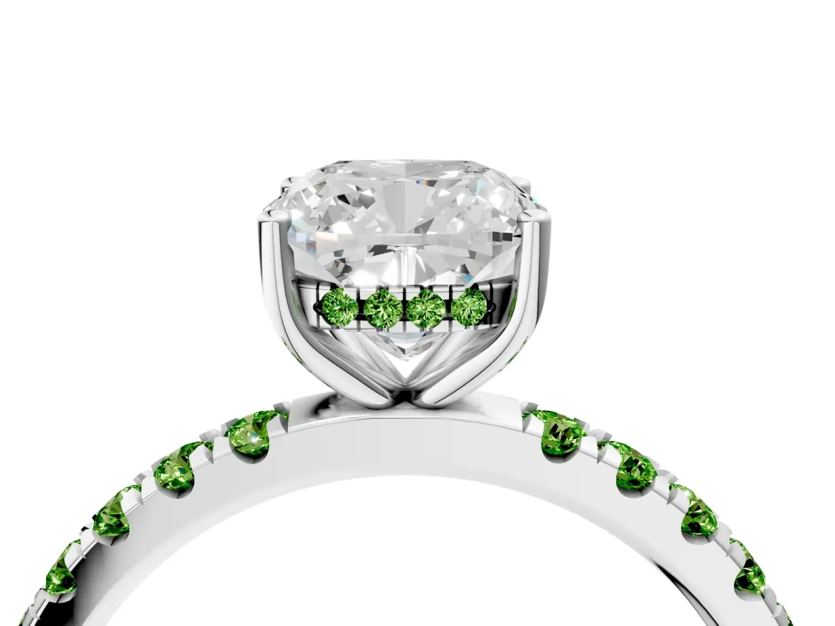 Cushion Cut Diamond Pave Band Solitaire Ring with Round Peridot and Prong Setting Silver