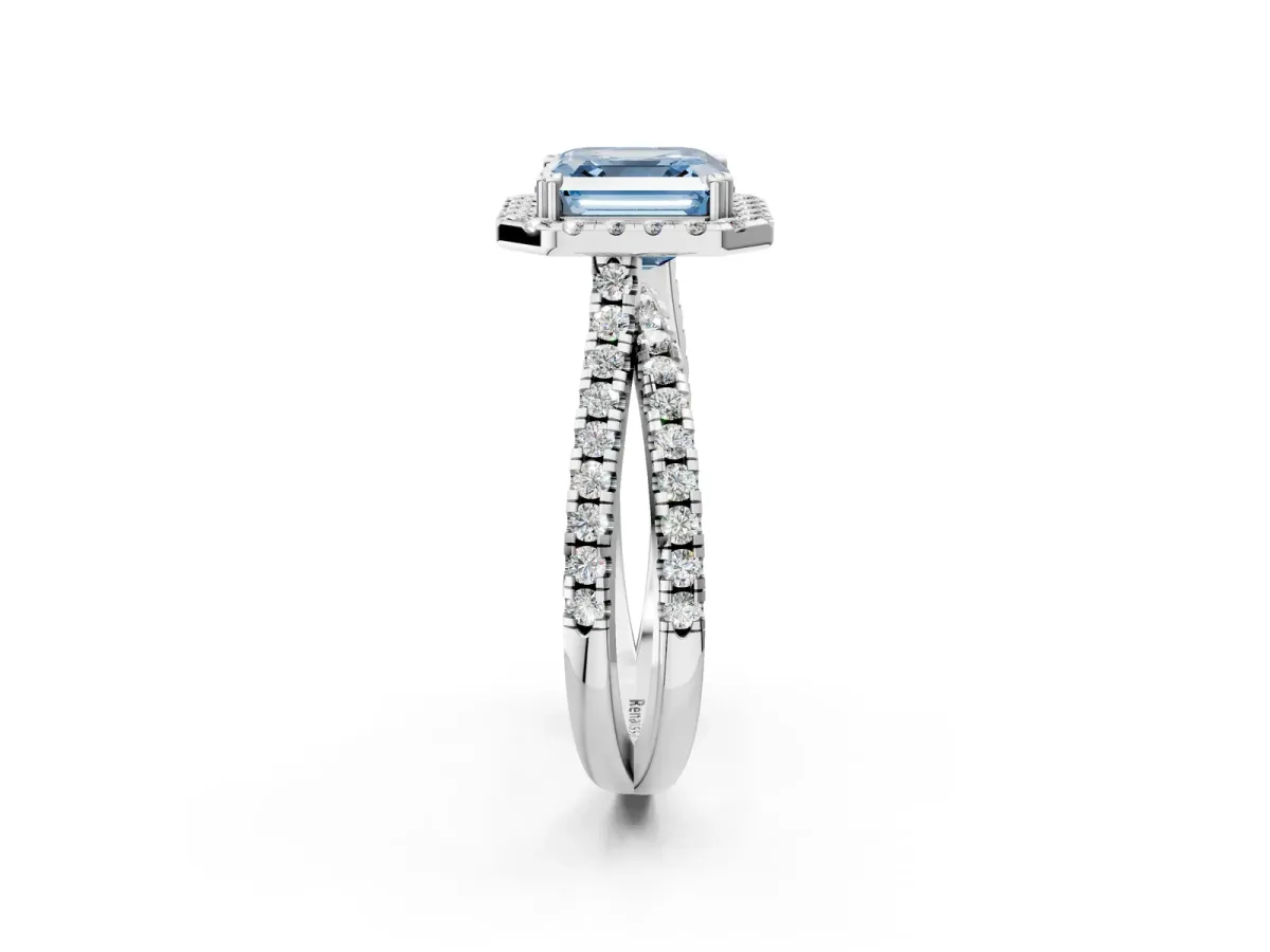 Fancy Blue Asscher Cut Halo Split Shank Diamond Ring with Pavé Setting Platinum