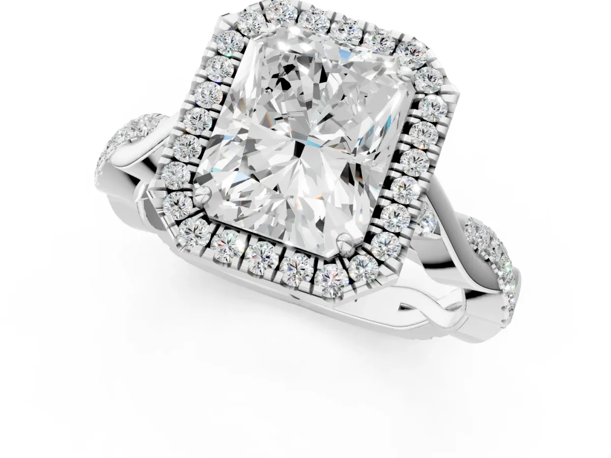 Radiant Cut Halo Twist Band Solitaire Ring Platinum