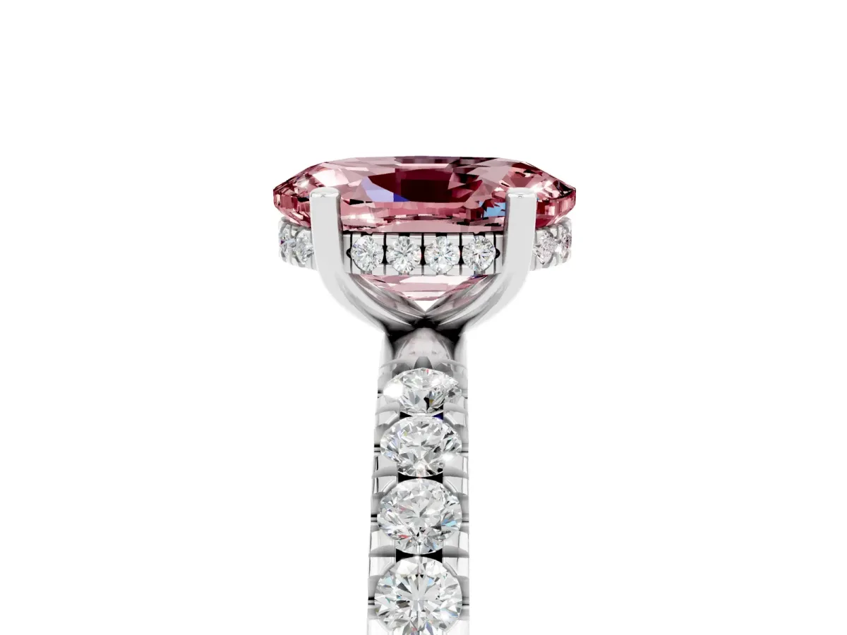 Oval Cut Morganite Pave Band Solitaire Ring with Round and Prong Setting Platinum
