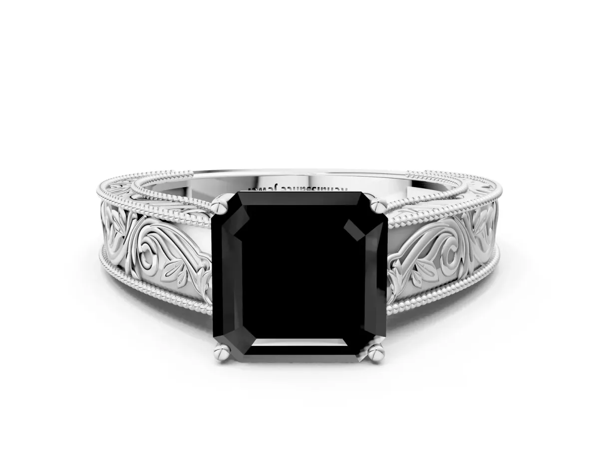 Fancy Black Asscher Cut Diamond Solitaire Ring with Engraved Band and Four-Prong Setting Platinum