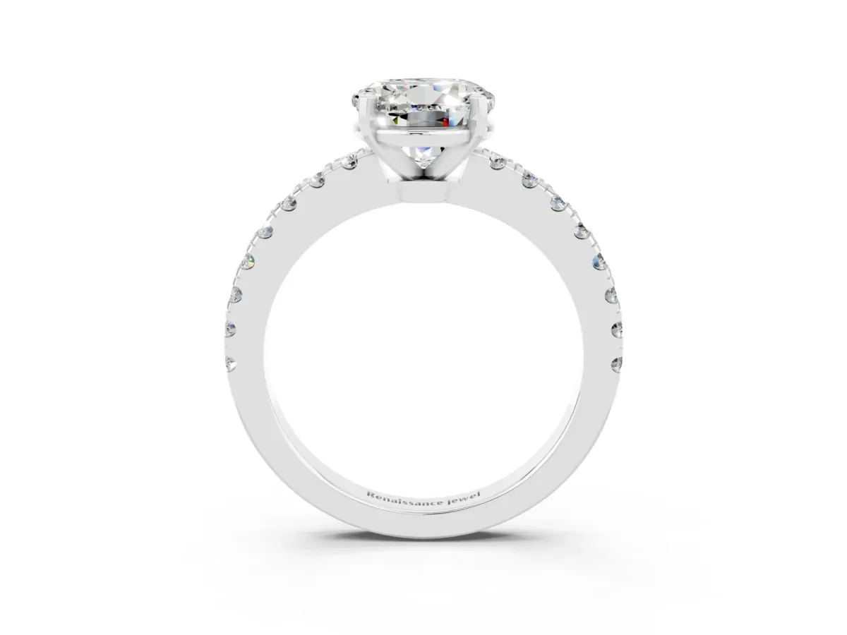 Round Cut Solitaire Moissanite with Pavé Band and Four-Prong Setting Silver